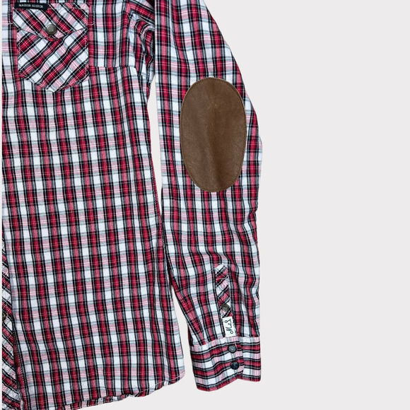 Maison Scotch (Sz 2) Plaid Snap Button Leather Elbow Patch Shirt - Picture 3 of 13